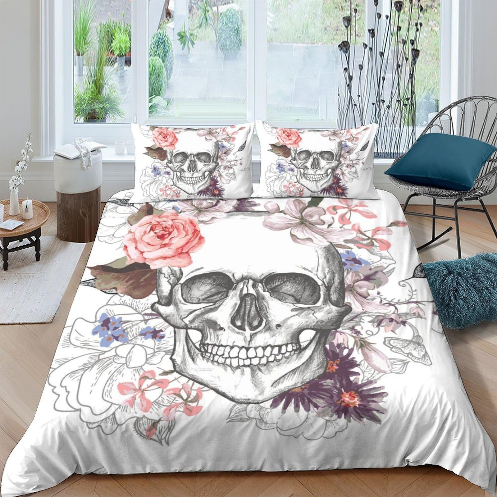 Unrxjzlvm Style-10 Skull Floral Bedding Set 3D Microfiber Teen Dorm Decor