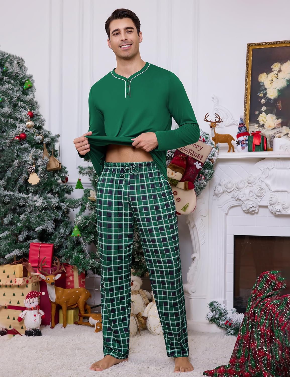 Sykooria Mens Pajamas Set Long Sleeve Soft Sleepwear Cozy Loungewear 2 Piece Comfy Plaid Pjs Set with Pockets - Image 2