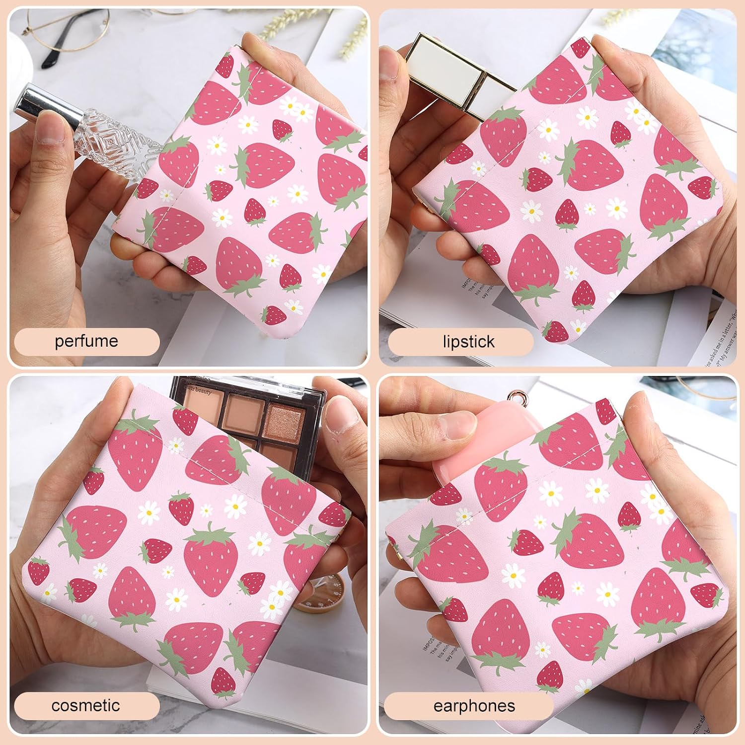 2Pcs PU Leather Small Squeeze Coin Purse Pouch Mini coin Bag Unique And Cute Wallet Cosmetic Bags Change Bag For Women Girls Men （Pink Strawberry image 4
