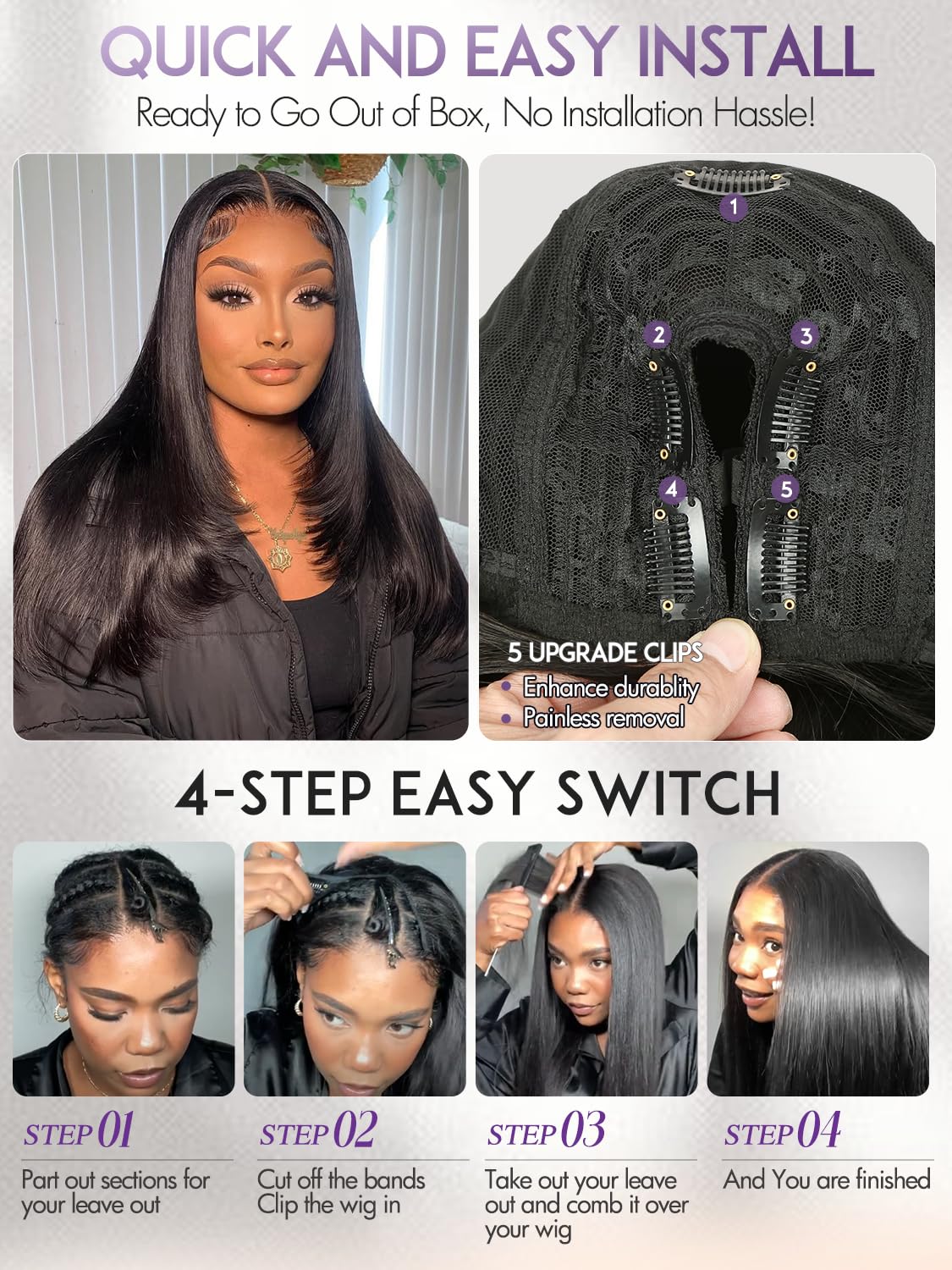 Quantum Love Yaki Straight Layered U Part Wigs V Part Glueless Clip in Half Wigs for Women Realistic Natural Looking Heat Resistant Synthetic Hair(24inch,Natural Black)