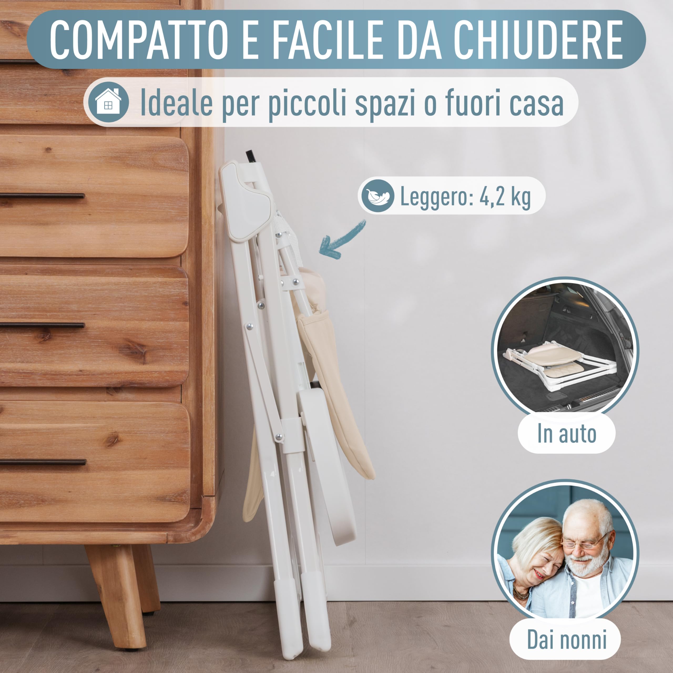 IB STYLE Seggiolone Pappa Leno - Seggiolone Pieghevole e Salvaspazio, Evolutivo con Vassoio e Poggiapiedi, Cintura a 5 Punti, Seduta Imbottita, Facile da Pulire, da 6 Mesi a 3 Anni (15 kg), Beige