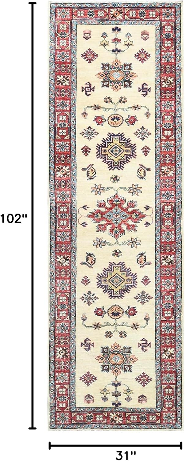 Ivory Dense Weave Extra Soft Wool Hand Knotted Afghan Super Kazak Natural Dyes Runner Oriental Rug (2'7"x8'6")