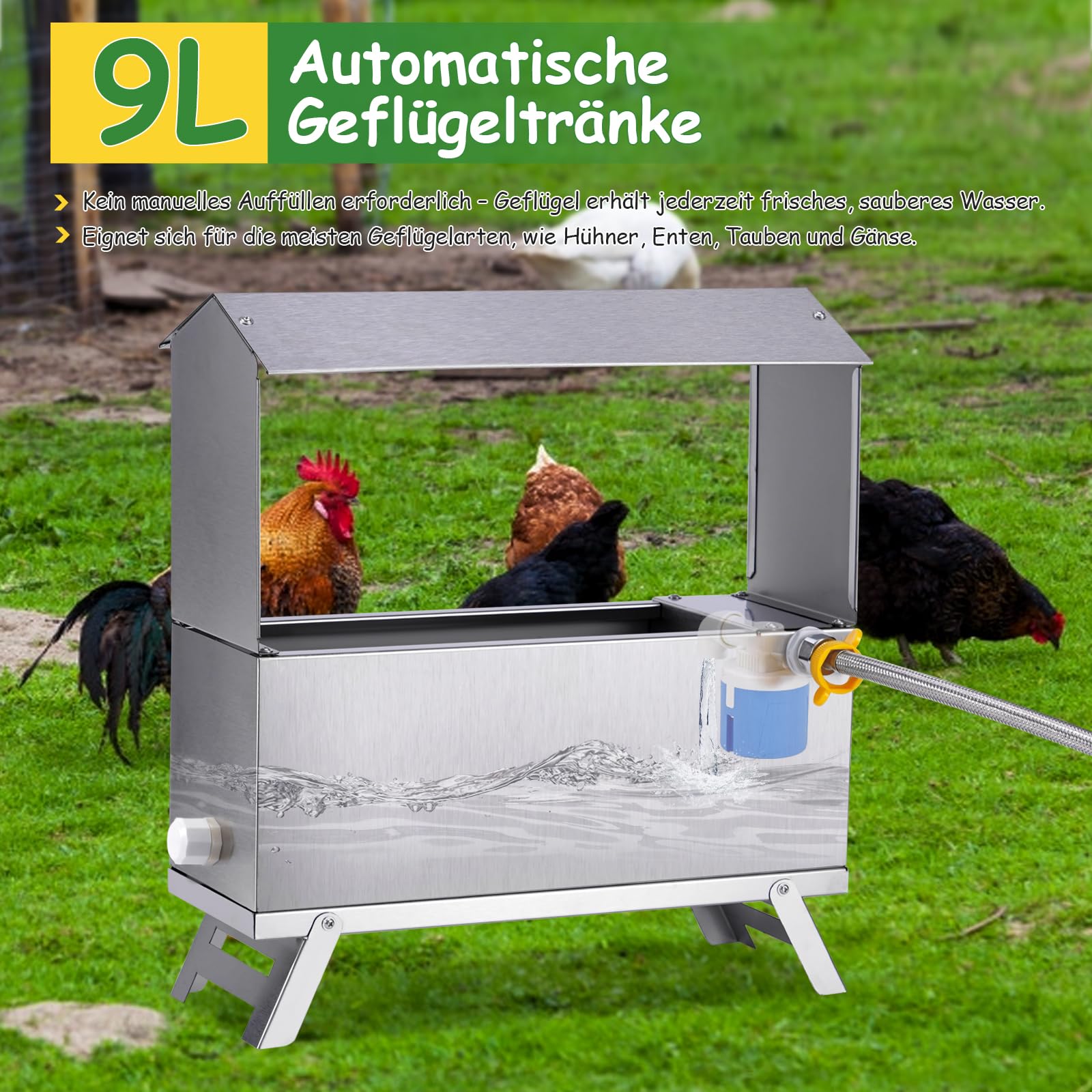 Hühnertränke 9 Liter Edelstahl Automatische Hühnchen Wasserer Automatische Geflügel Wasserer Spender Mit Float Ventil Und Bein Große Kapazität Metall Hühnchen Wasser Für Hühnchen Ente Taube Gans