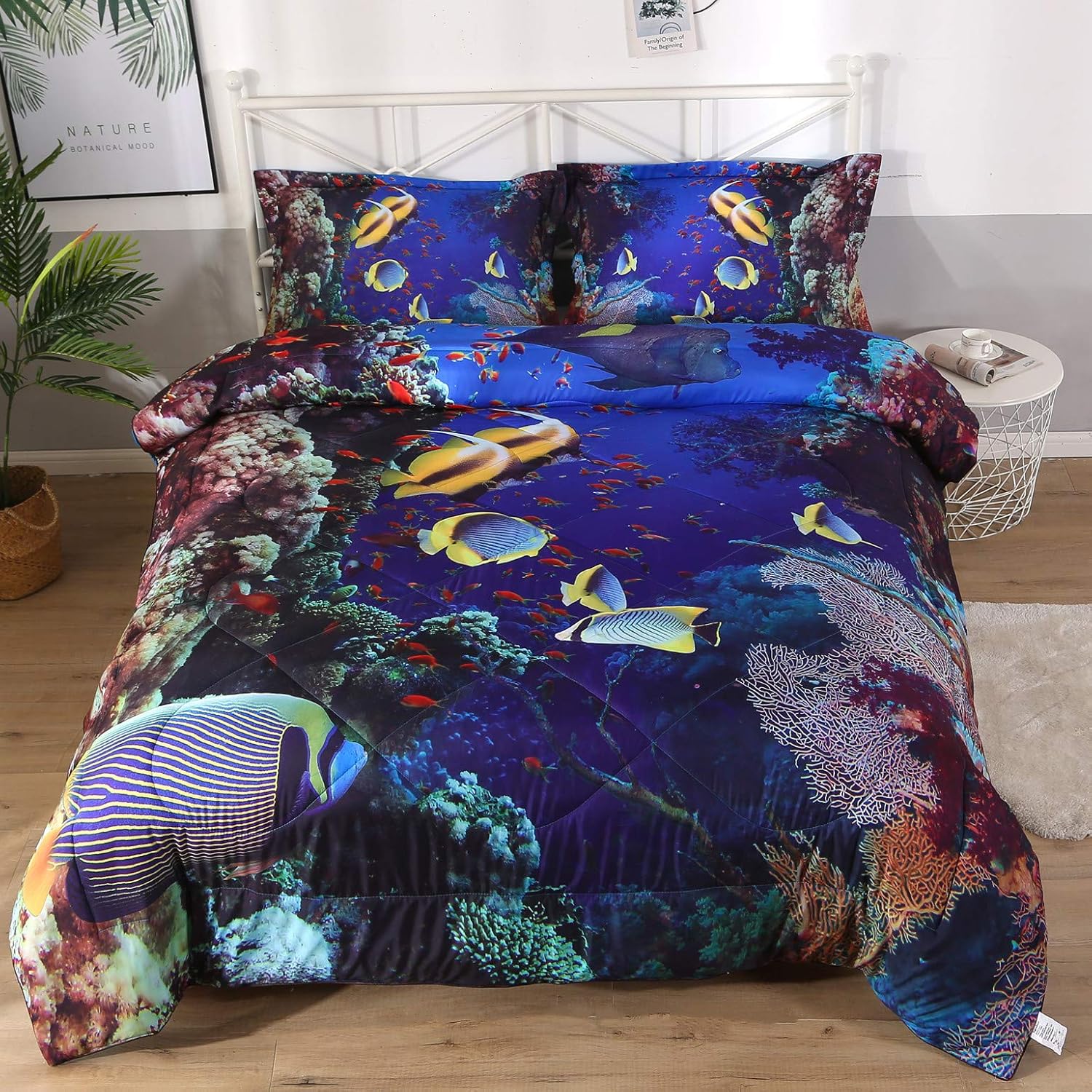 Qucover Fish Comforter Twin 3-Piece Blue Ocean 3D Tropical Fishes Bedding Set, Soft Tencel Cotton Teen Kids Comforter Sets for Girls, Boys, Twin 59"x79" Twin Tropical Fish