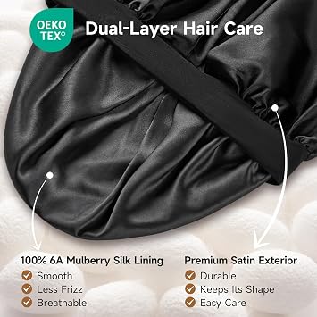22 Momme 100% Mulberry Silk Lined Bonnet for Sleeping Women, Large Hair Bonnet for Long Curly Hair, Double Layer Hair Wrap with Soft Elastic Band, Non-Slip Sleep Cap, Black