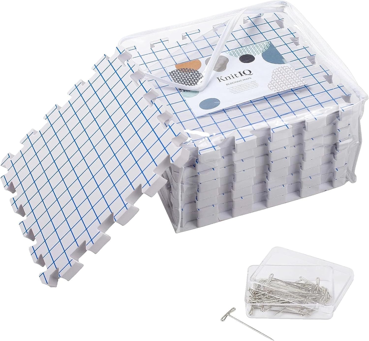 Blocking Mats for Knitting - KnitIQ Extra Thick Blocking Boards for Crochet Projects with Gridlines - 100 T-Pins and Storage Bag Included for Knitting Supplies - Standard Mat Set - Pack of 9