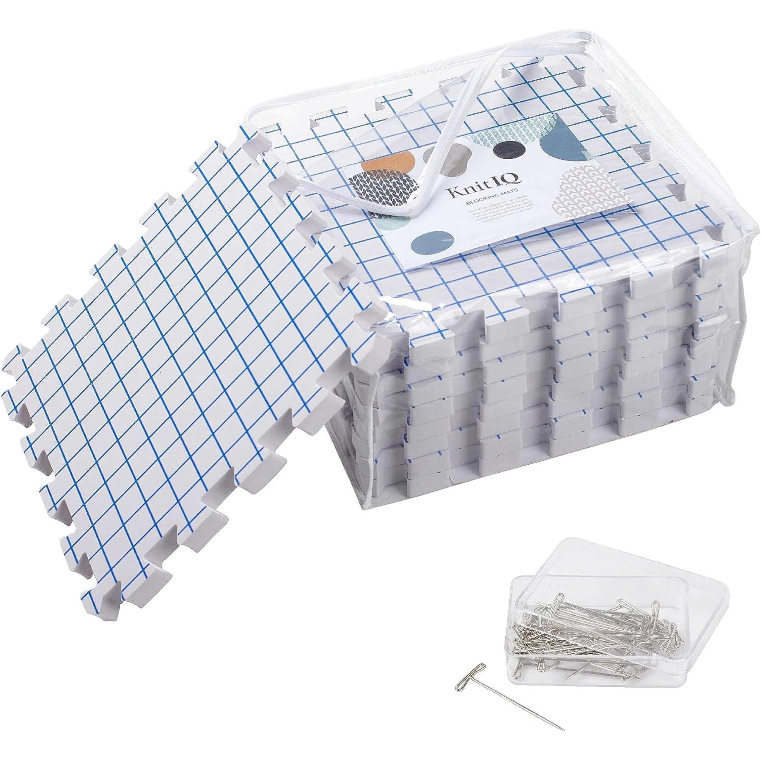 KnitIQ Standard 9-pc Set of Blocking Mats for Knitting &amp; Crochet, Clear Bag