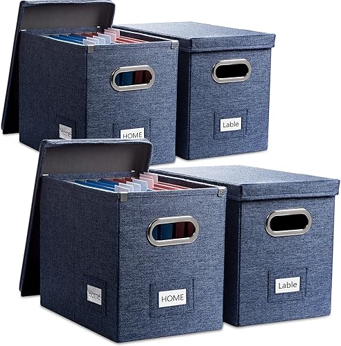 Miniatura 15 de PRANDOM Caja organizadora de archivos, juego de 4 carpetas plegables decorativas de lino para almacenamiento de archivos colgantes con tapas, Gris