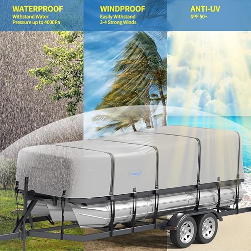Miniatura 6 de Tuszom Funda para lancha pontón teñida en solución 900D con 18 correas resistentes al viento mejoradas, cubierta de barco 100% impermeable para