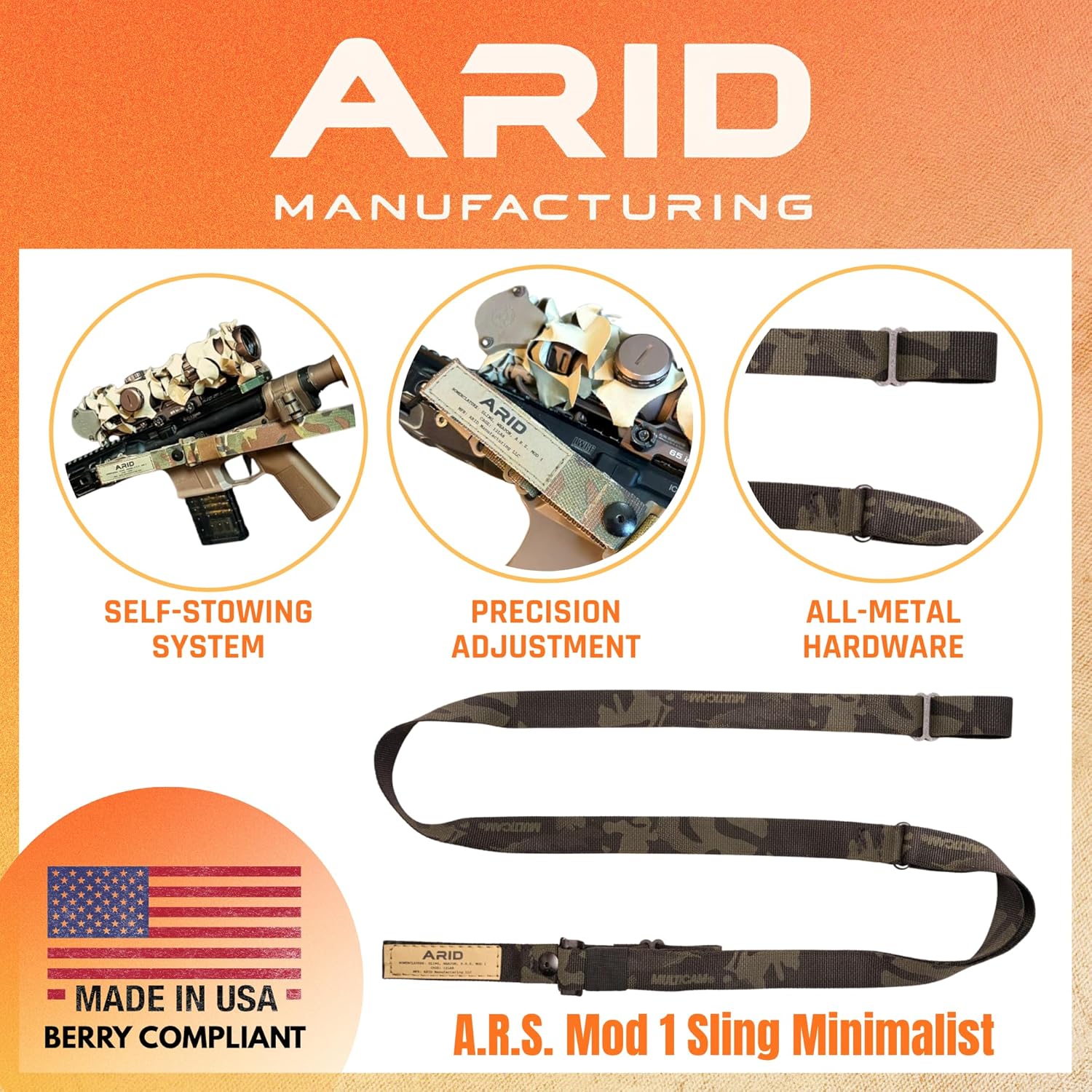 A.R.S. Mod 1 Two-Point Rifle Sling I Tactical Mil-Spec Gun Sling I Quick Adjust I Self-Stowing I Lightweight Nylon I Integrated Elastic Retention I USA Made I Multicam Black