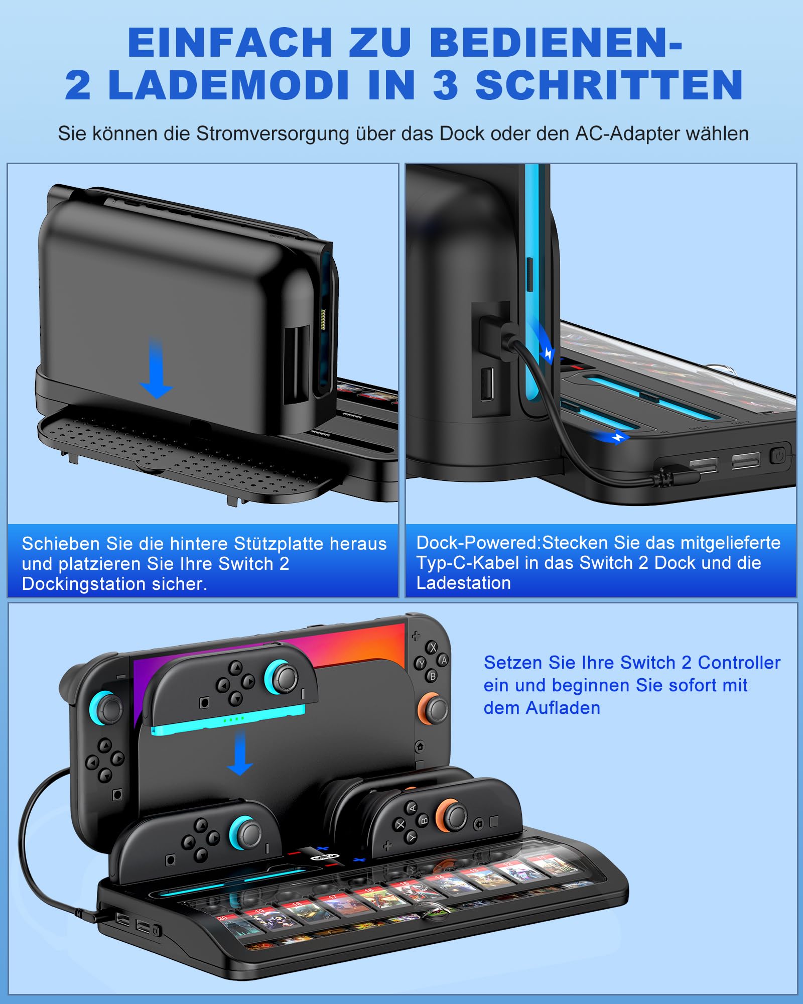 Switch Ladestation für Nintendo Switch 2, 2.5 Stunden Controller Ladestation für Joycons mit 20 Spielesteckplätzen, Spiele Aufbewahrung Docking Station Zubehör