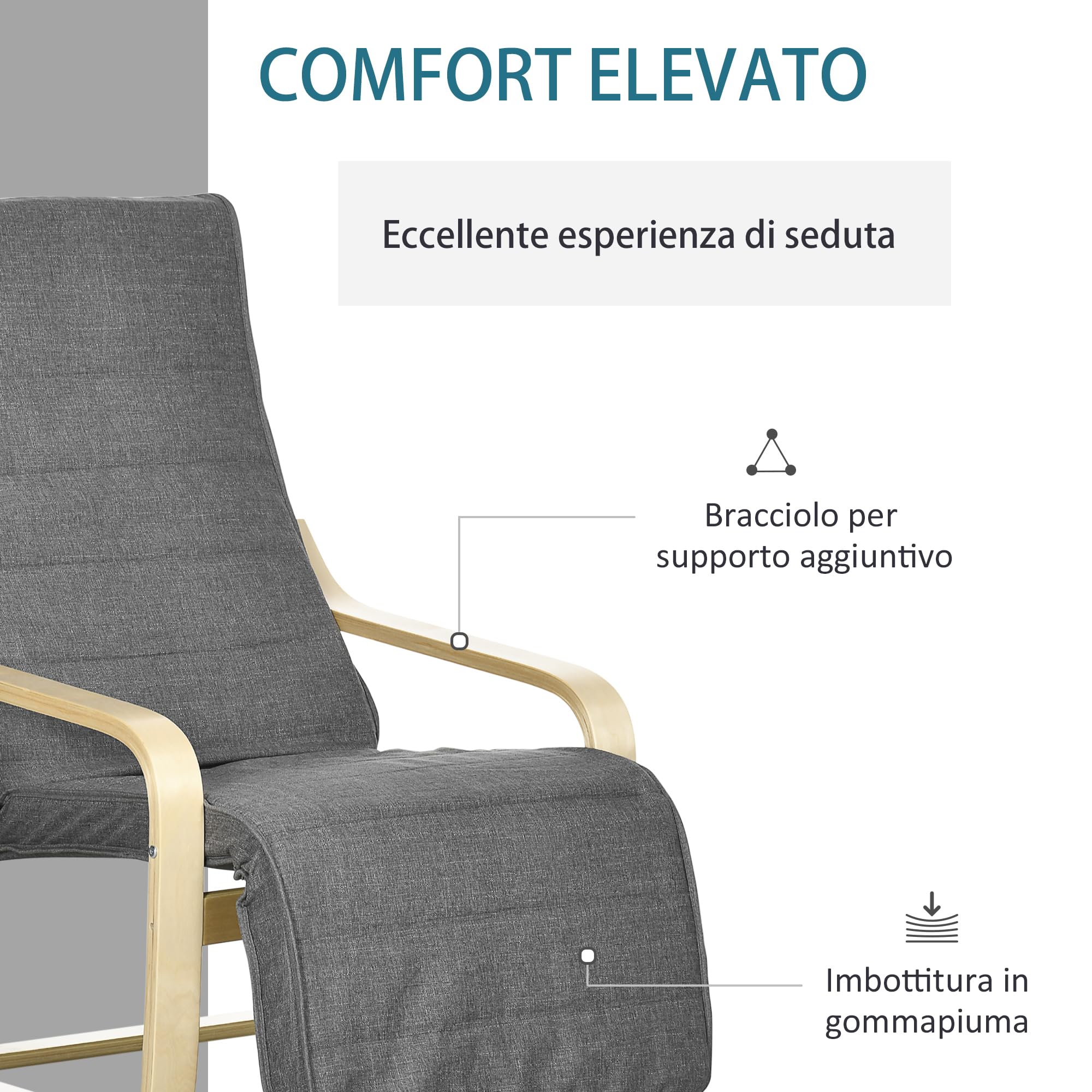 HOMCOM Poltrona Relax in Legno con Poggiapiedi a 5 Livelli e Poggiatesta, Poltrona Ergonomica in Legno di Betulla e Tessuto, 66,5x94x100 cm, Grigio