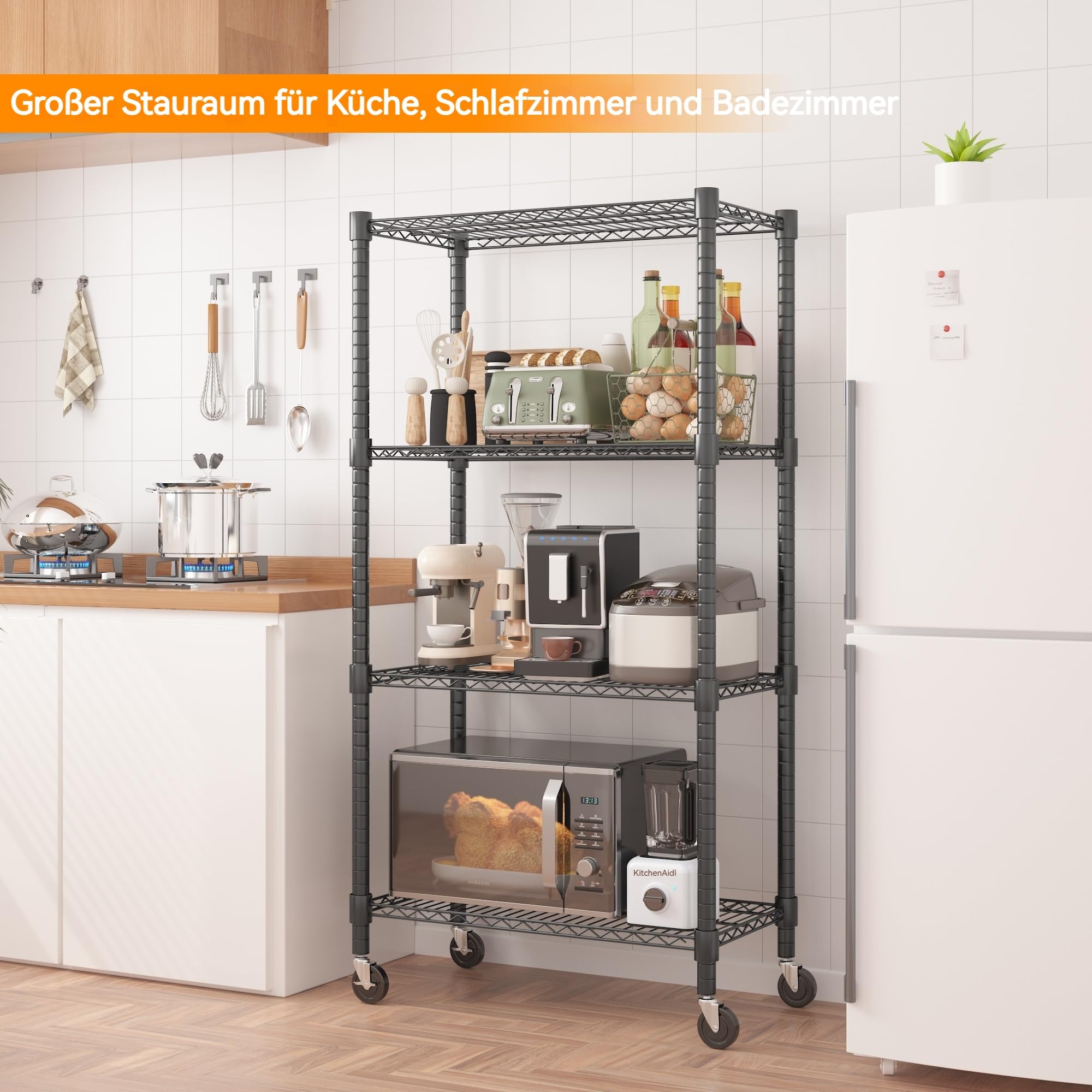 Himimi 4-stufige Metallregaleinheiten für die Aufbewahrung mit Rädern und Nivellierfüßen, höhenverstellbare Drahtregaleinheit, Regalsystem für Badezimmer Küche 400 kg Kapazität, 76x35x183 cm Schwarz