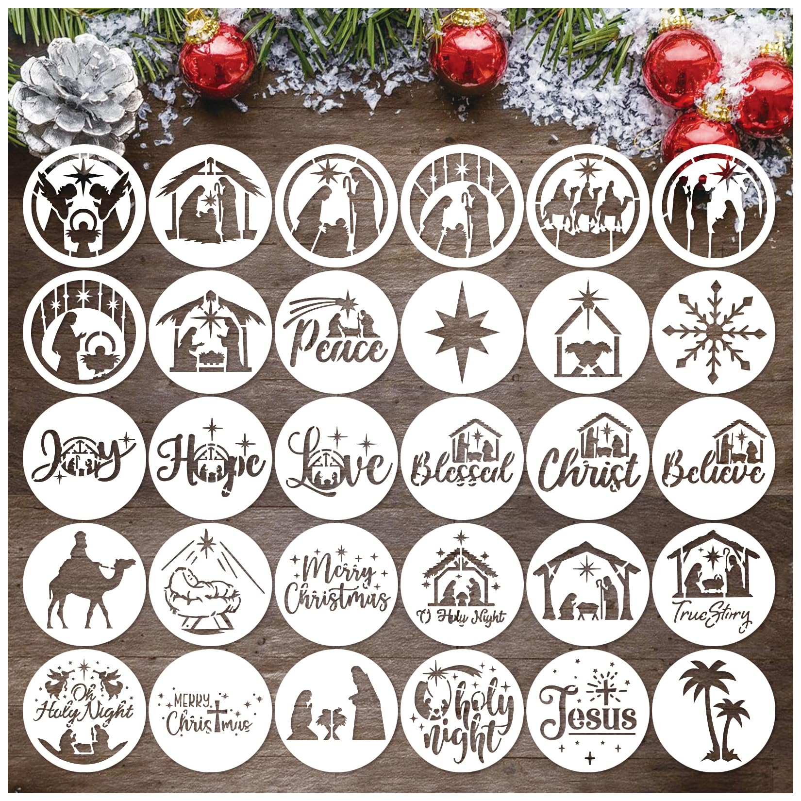 30 Pieces Small Christmas Nativity Stencils for Painting on Wood Reusable Palstic Nativity Scene Stencils for DIY Crafts Ornament Wood Cookie (3in Jesus)