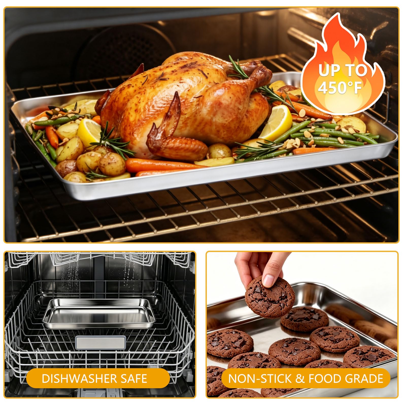 Set di 4 teglie da forno con clip da forno, in acciaio inox, facili da pulire, rettangolari, per cuocere o arrostire, lavabili in lavastoviglie