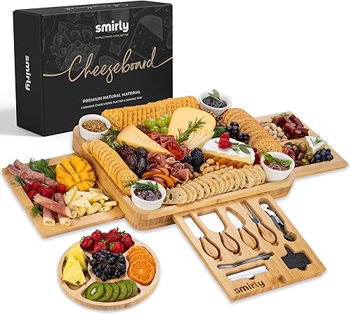 Smirly - Juego de tabla de quesos y cuchillos Bandeja de madera para vino queso carne 160 x 130 x 2 pulgadas