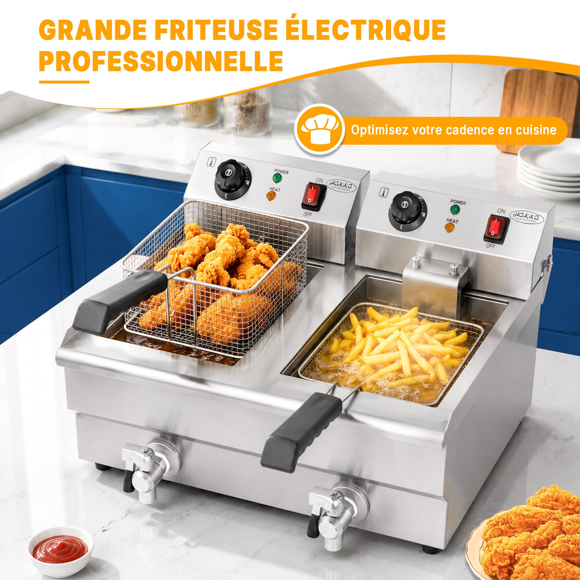 Hakka Friteuses électriques Professionnelles, Grande Capacité 6L x 2, en Acier Iinoxydable, Avec égouttoir, Panier et Couvercle, Double Cuve(220V, 2000W+2000W)