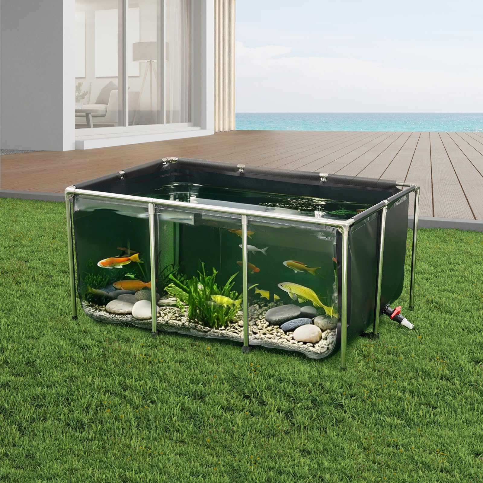 VEVOR Estanque de Lona sobre Suelo 1023,3 L de PVC con Panel de Visualización Transparente Tanque Rectangular 150x100x70 cm para Peces Dorados con Marco de Acero Inoxidable Válvula de Drenaje, Negro