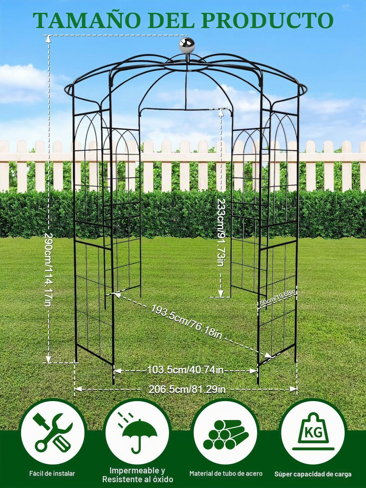 2,9 M Arco de Jardín con Forma Jaula Pájaros, Kalolary Cenador Jardín Metal Resistente 4 Lados Plantas Trepadoras Arco Enrejado Boda Flores Vegetales Soporte Escalada Césped Patio Playa Al Aire Libre