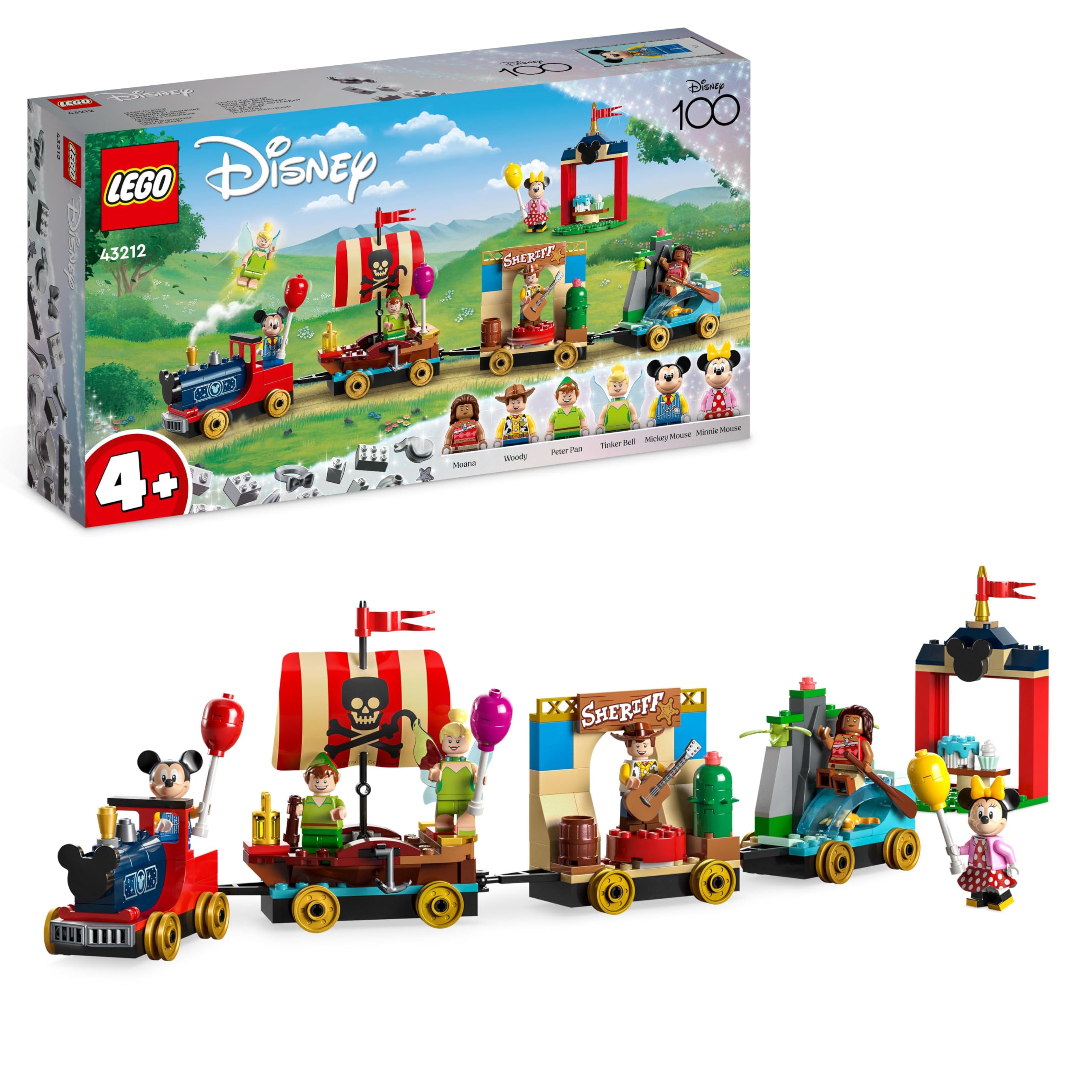 43212 Disney - Train full of fun with Vaiana, Skinny, Peter Pan and Bell, Mickey and Minnie Mouse, Toy for children from 4 years old, Disney 100th anniversary