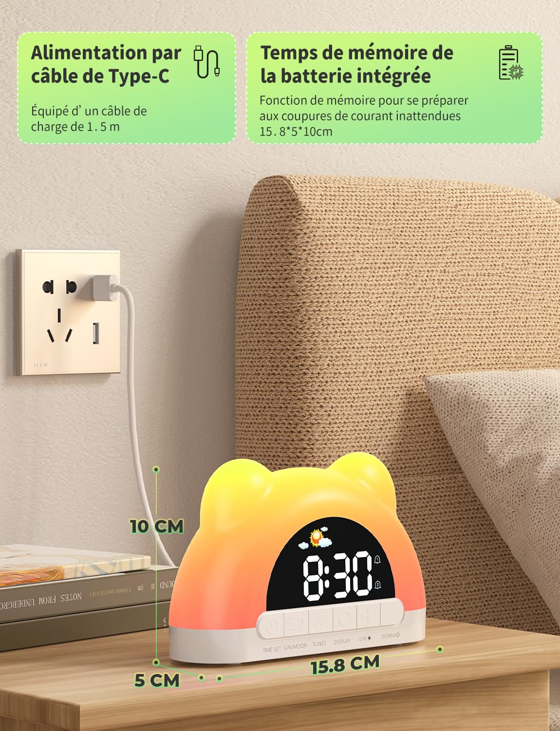 Reveil Enfant Educatif Jour/Nuit, Réveil Enfants avec 11 Effets de Lumière, Comprend Une Luminosité Automatique de l’Écran, Réveil Numérique pour Garçons Filles, Deux Alarmes, Chambre D'enfant