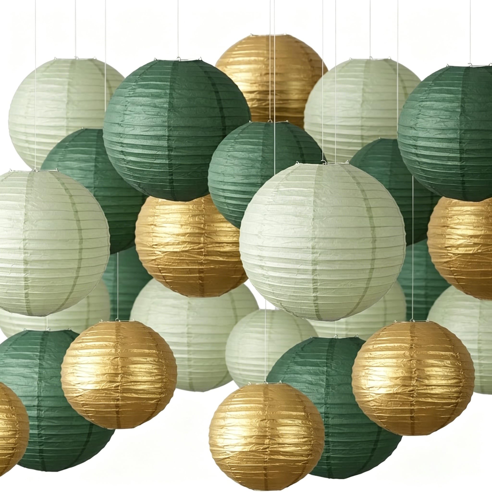 21Pcs Sage Green and Gold Paper Lanterns Decorative, 4" 6" 8" 10" Green Hanging Round Paper Lanterns Decorative for Bridal Shower Baby Shower Engagement Wedding Birthday Party