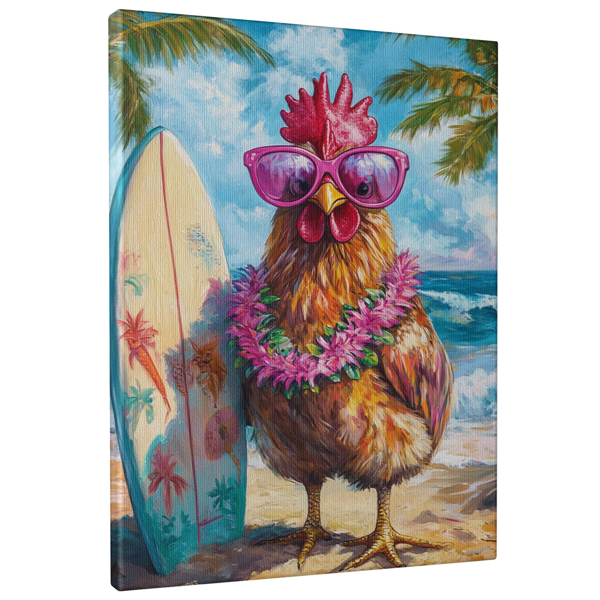 Tropical Chicken Canvas Wall Art, Colorful Chicken Beach Decor, Fun Summer Artwork for Living Room, Bedroom, Kitchen, Playful Home Aesthetic 8x12 Inch