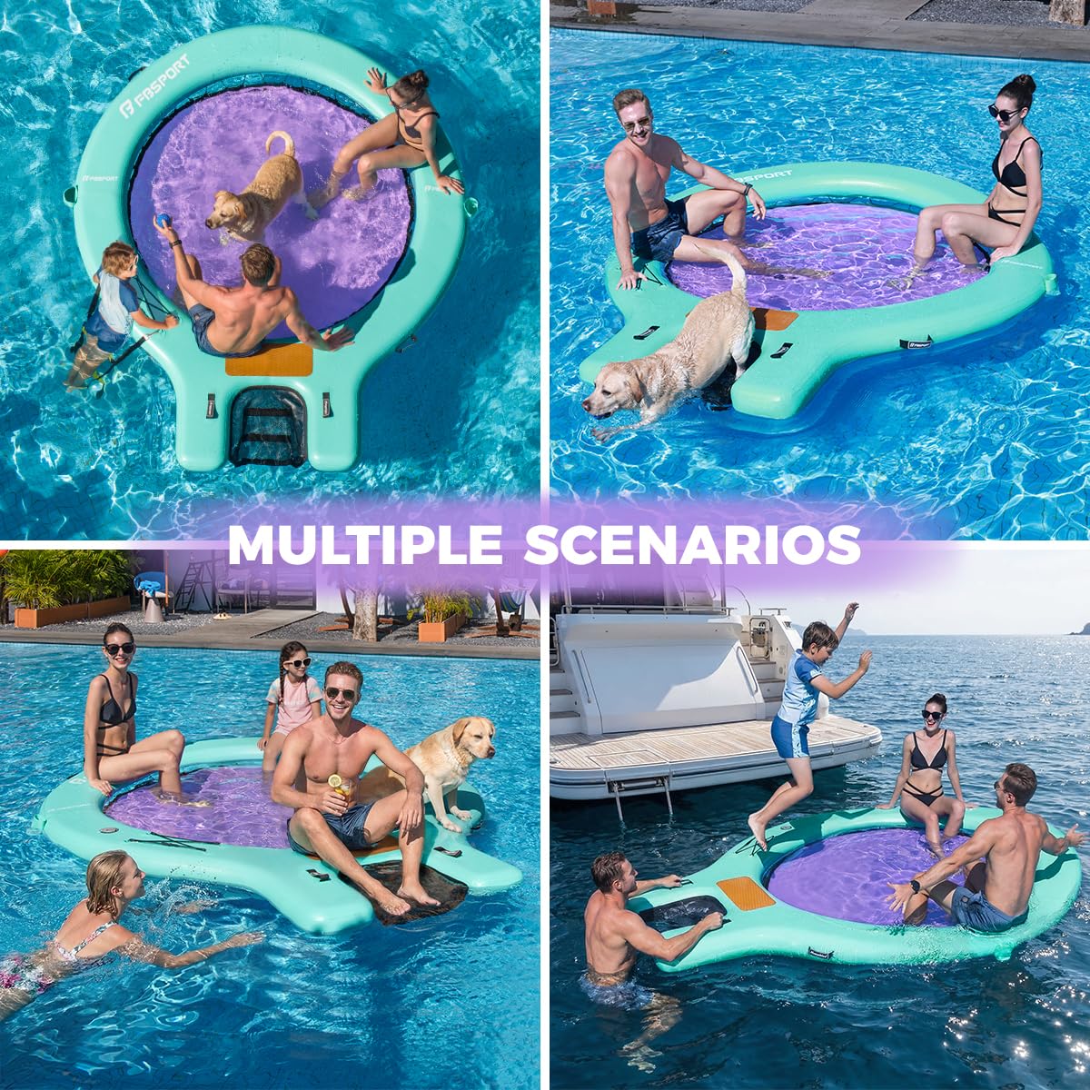 Große aufblasbare Badeplattform 240 cm Schwimminsel Sunchill mit Wasserrampe für Hunde, Wasserinsel für 3–5 Personen, Schwimmendes Dock inkl. Luftpumpe, Badeinsel Plattform für Pool Strand See & Ozean