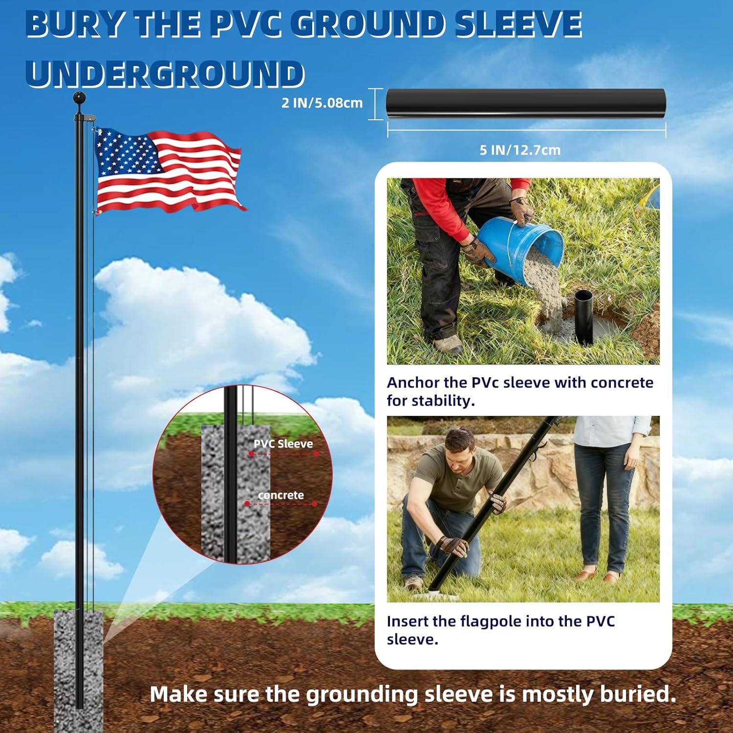 20 FT 14 Gauge Heavy Duty Flag Pole for Outside In Ground, Extra Thick Flagpole Kit for Yard, Outdoor Flag Poles with 3x5 American Flag for Residential or Commercial