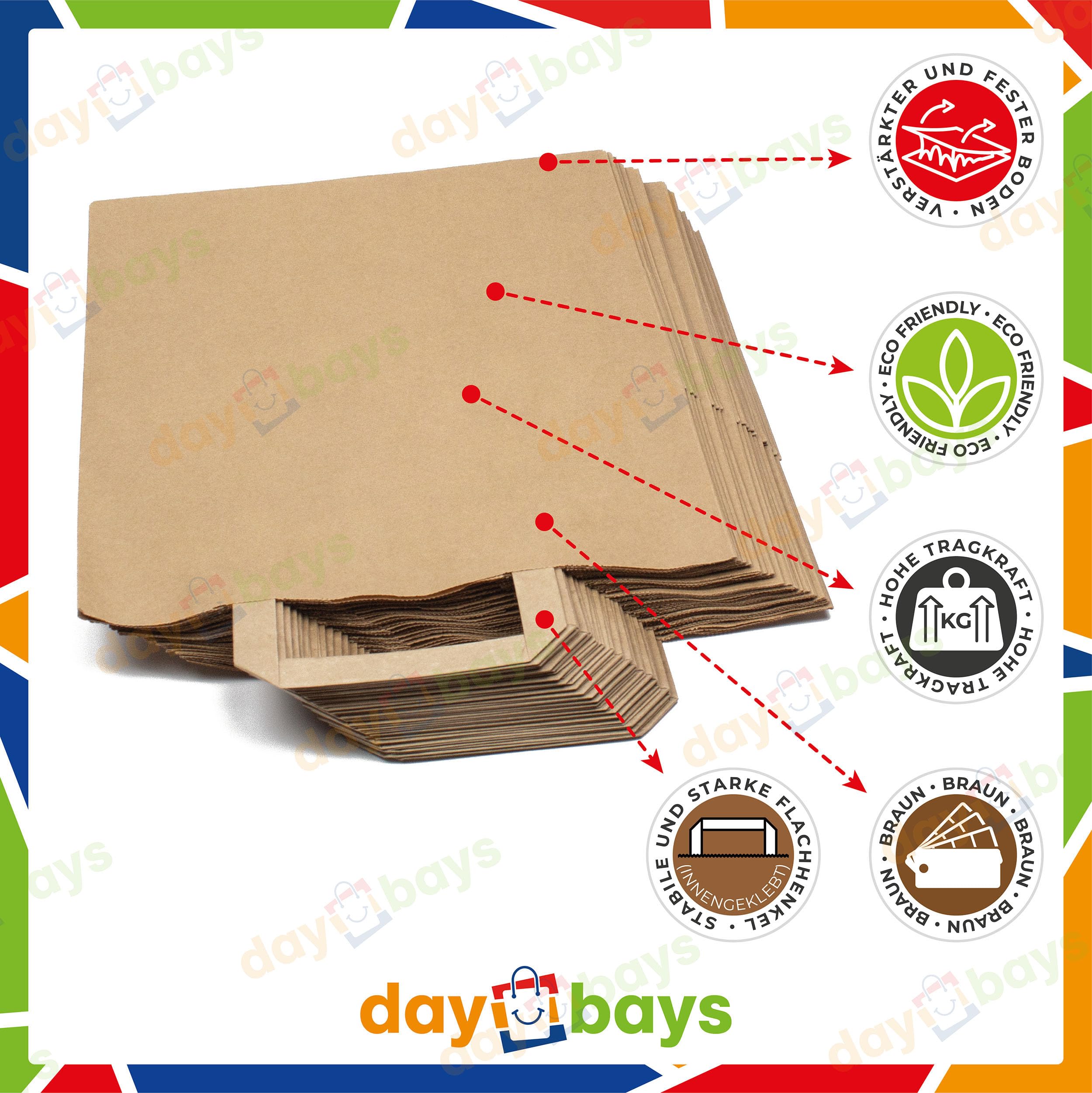 Papiertüten 26+20 x 28 cm Braun, 1000 Stk. Geschenktüten Papiertragetaschen mit Henkel aus Kraftpapier, Papiertaschen Geschenktüte Papiertüte klein (1000)
