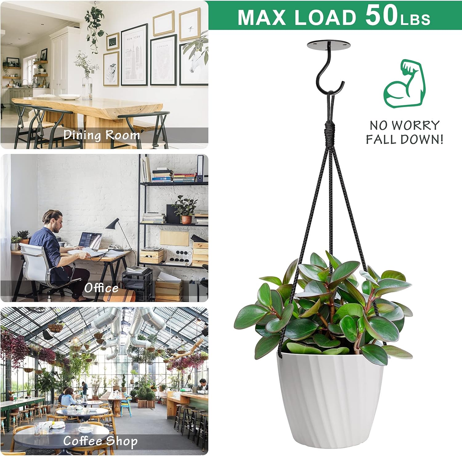 QQpony 4 Packs Hanging Planter Set with 4 Heavy Duty Metal Hooks, Thicken Plastic Hanging Planter Basket with 2 Drainage Holes, Hanging Flower Pots for Home Garden& Office Decoration- White : Patio, Lawn & Garden