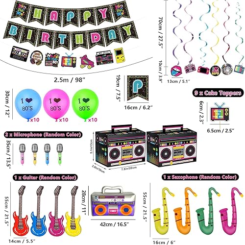 Miniatura 2 de Decoraciones de fiesta de los años 80 incluye pancarta de feliz cumpleaños, caja de pluma inflable, guitarra, micrófono, saxofón, banderines de