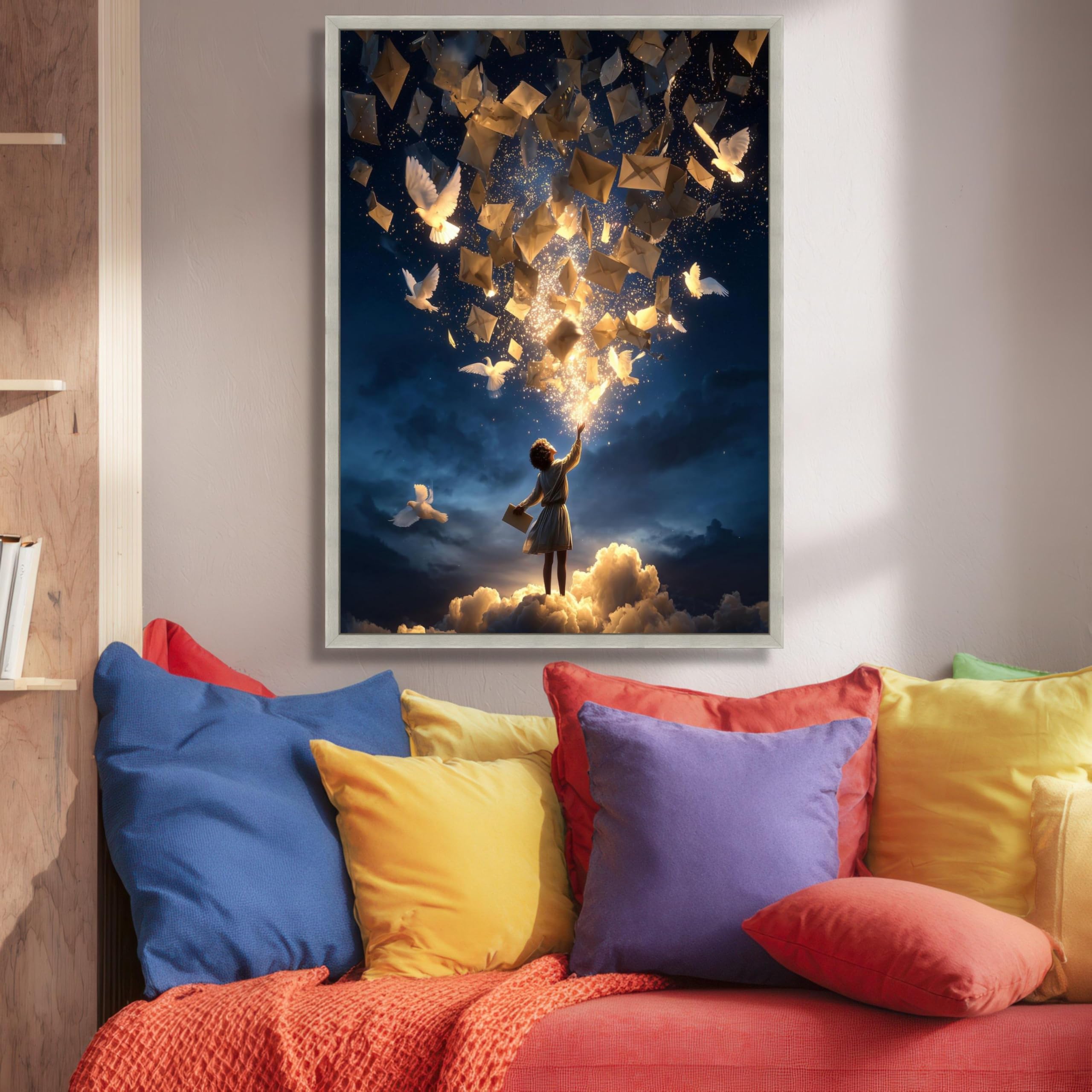 XINBAO Latające litery i gołębie nocne niebo dziecko publikuje wiadomości na płótnie, fantasy Wall Art inspirujący obraz dekoracyjny (60 x 90 cm/wewnętrzna rama)