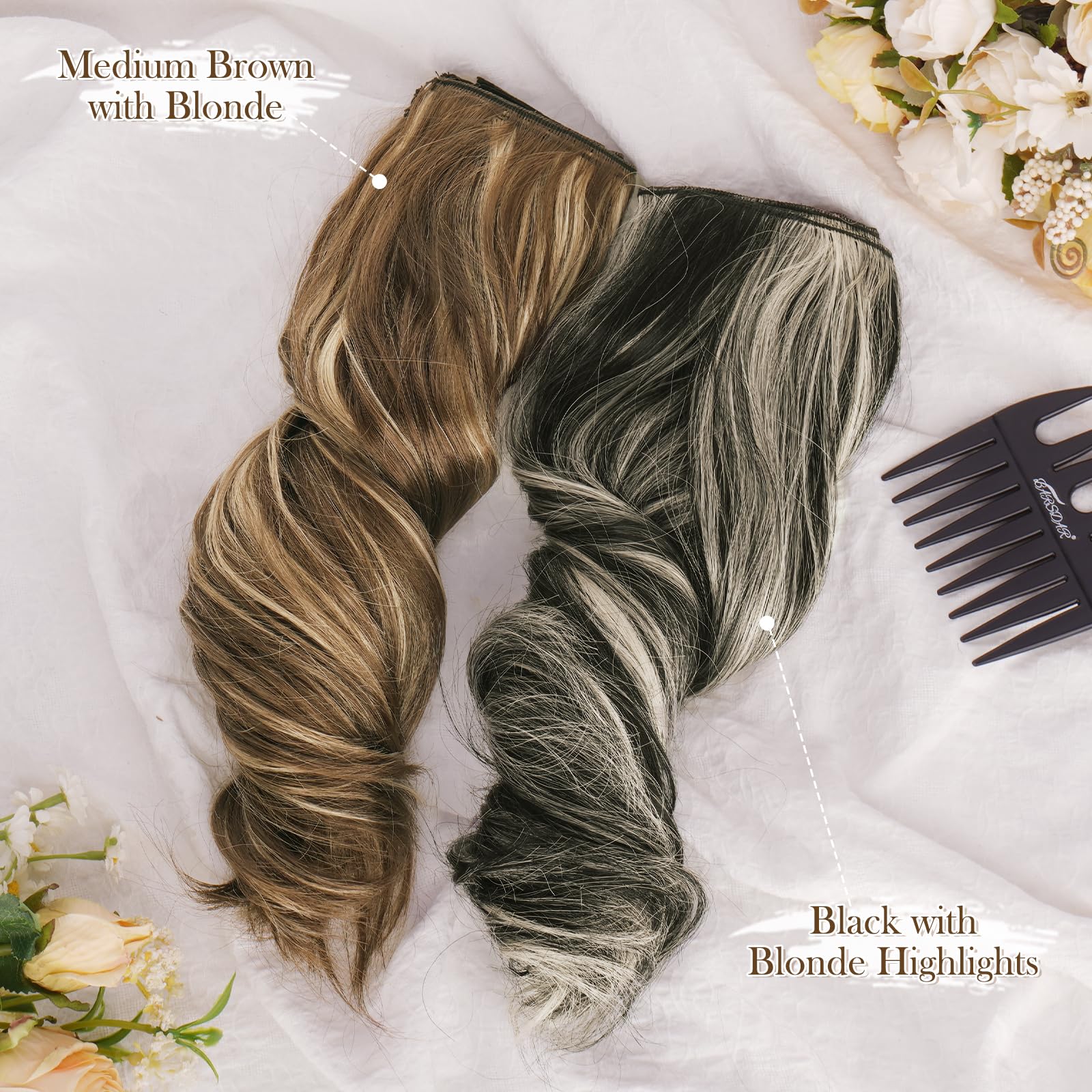 BARSDAR Extension Capelli Clip, 30cm Corto Ondulati Clip in Hair Extensions per Donna 6PCS Testa Piena Highlight Extension Sintetici Posticci Capelli Estensioni - Marrone Medio & Biondo