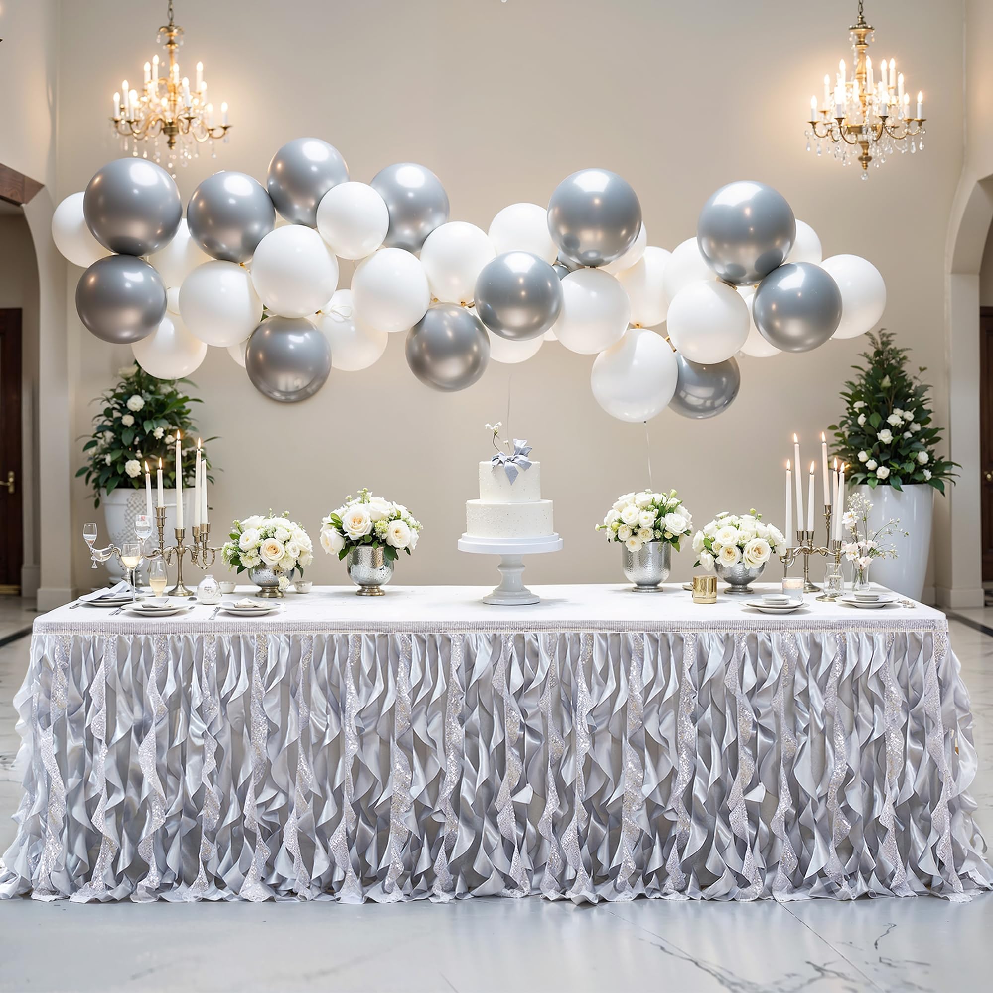 Wish Care 6ft Silver Sequin Table Skirt for Rectangle Tables, Silver Curly Willow Tutu Skirt Ruffle Tablecloth Glitter Desk Skirts for Wedding Birthday Theme Party Banquet Cake Table Decorations