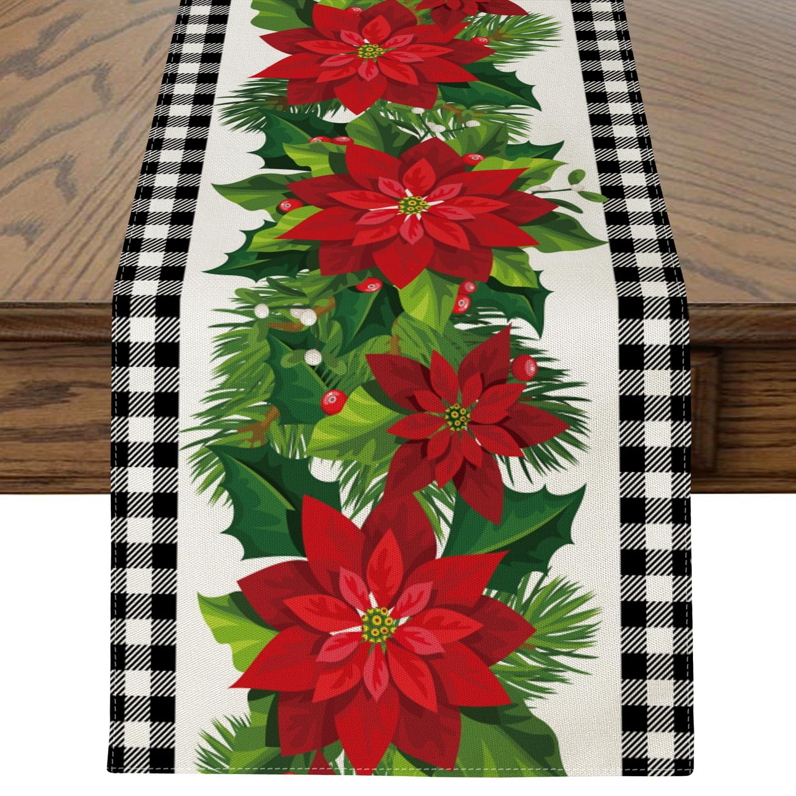 Artscope Black and White Buffalo Check Plaid Holly Christmas Flowers Table Runner, Xmas Seasonal Winter Holiday Kitchen Dining Table Decoration for Home Party Decor 40x100cm