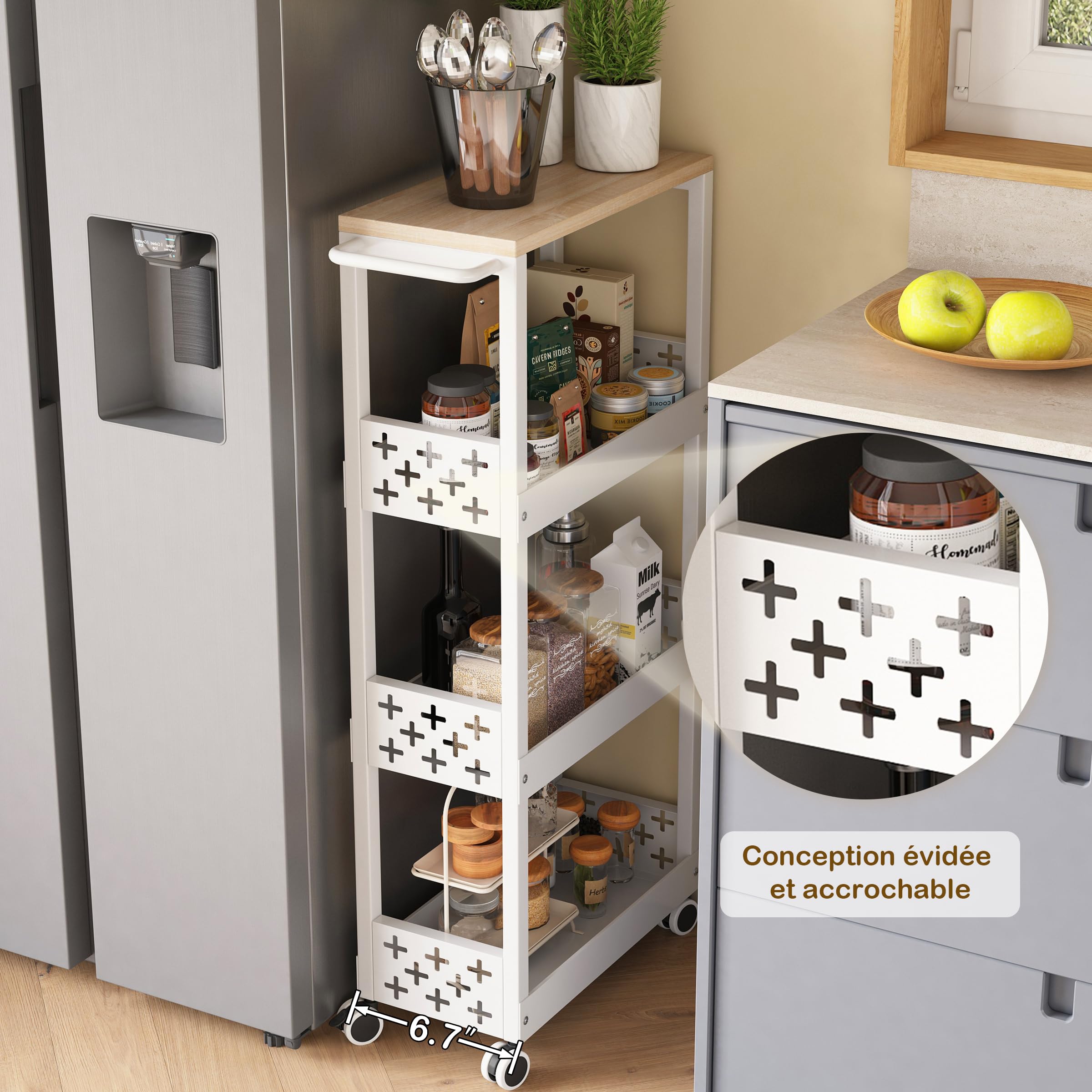 UMDONX Chariot de Cuisine Métal Étroit 4 Niveaux à roulettes, Blanc | Desserte avec Plan de Travail, Étagère de Niche Étroite, Pour Cuisine Bain Salon Balcon