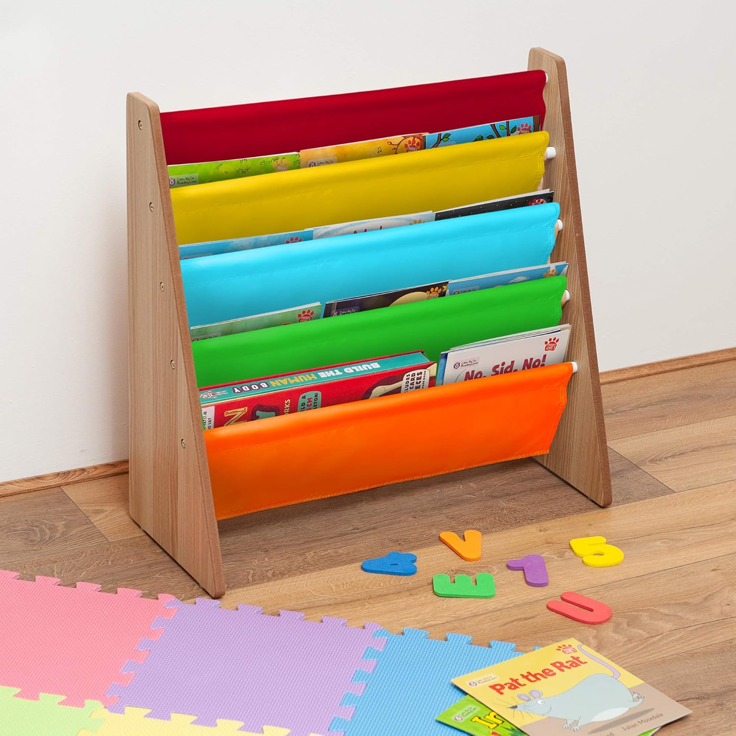LIVIVO Children's Colourful Sling Storage Bookshelf – Easy Access Wooden Book Storage Rack with Soft Nylon Fabric Shelves Shelf to Protect your Kids Books (Multi-Colour) 3 81ksmgsJI0L. AC SL1500
