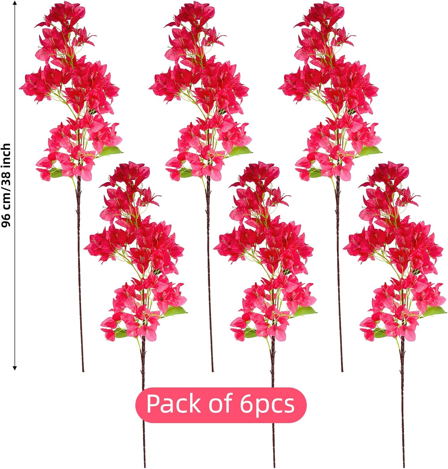 6 PCS Silk Bougainvillea Artificial Flowers，UV Resistant, 36 Branches, Long Stems Faux Flower, Realistic Fake Bougainvillea Vines, for Wedding Porch Home Party Garden DIY Decor - 38 inch (Rose Red)