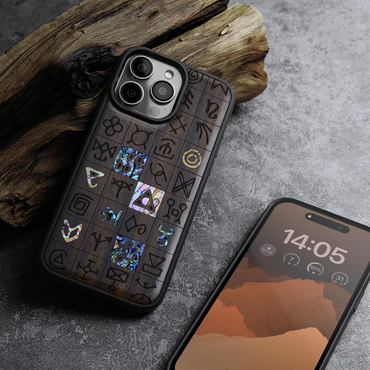 Carveit Magnetic Case for iPhone 16 Pro Case, Wood Artisan Engraved & Handmade Shell Inlaid, TPU Shockproof Cover, Compatible with MagSafe Wireless Chargers (Mystical Runes) Blackwood