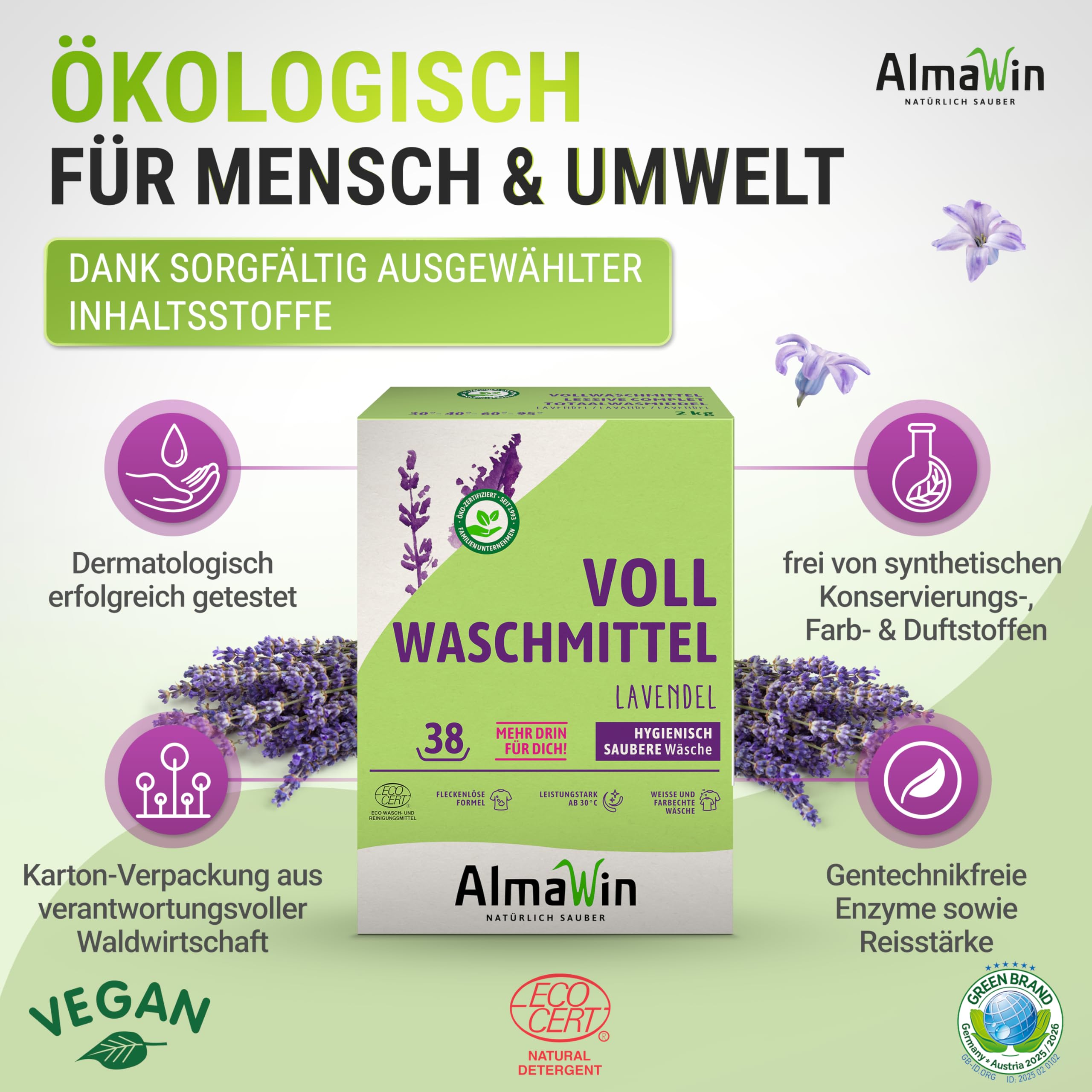 AlmaWin® Vollwaschmittel Pulver [6x 2kg - 228 Ladungen] mit Lavendel-Duft für strahlende Reinheit - Waschmittel Pulver für alle weißen & farbechten Textilien [30-95°C] - Veganes Voll-Waschpulver