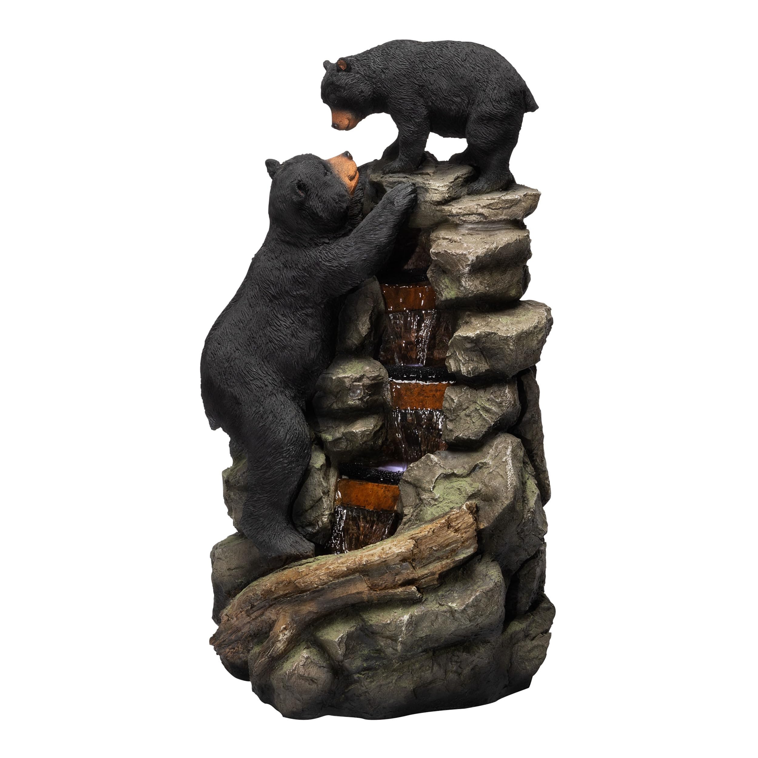 Alpine Corporation 36" Tall Indoor/Outdoor 2 Bears Climbing Rainforest Water Fountain with LED Lights, Cascading Wildlife Water Feature for Garden, Patio, and Home Decor, Brown