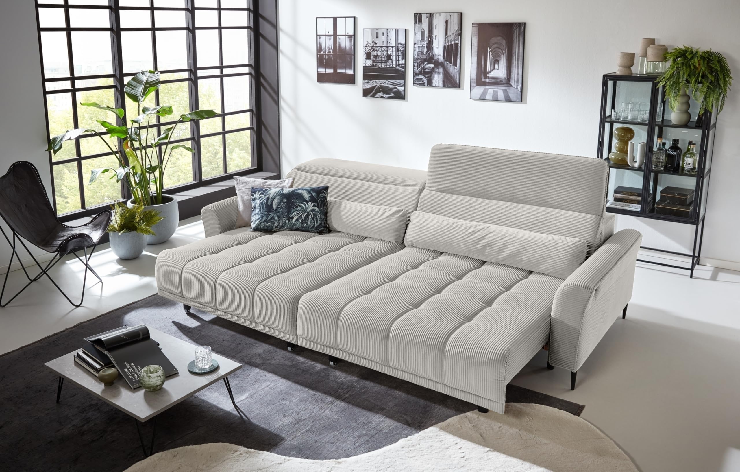 Big-Sofa >Wolve< in taupe, 2 elektrische XXL-Sitztiefenverstellungen, Nosagunterfederung, Polyätherschaum, 2 manuell verstellbare Kopfteile, inkl. 2 Zierkissen (Nierenkissen), 280x108x118 cm (BxHxT)