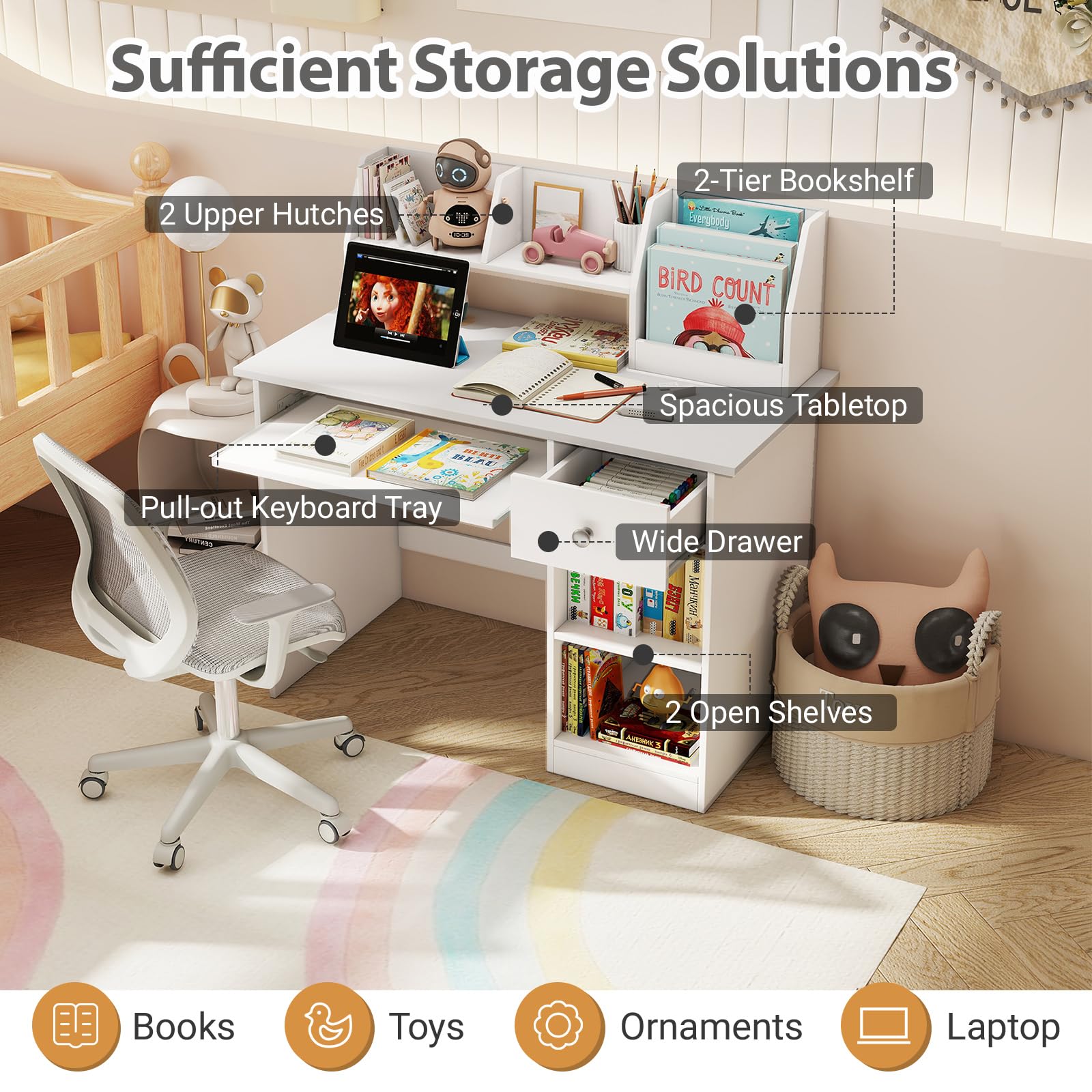 LIFEZEAL Scrivania per Bambini 3+Anni con Cassetto, Libreria, Scomparti, 90x45cm, Scrivania Cameretta Porta PC, Computer, Banco Scuola, Tavolo da Studio, Gioco, Multiattività, in Legno (bianco)