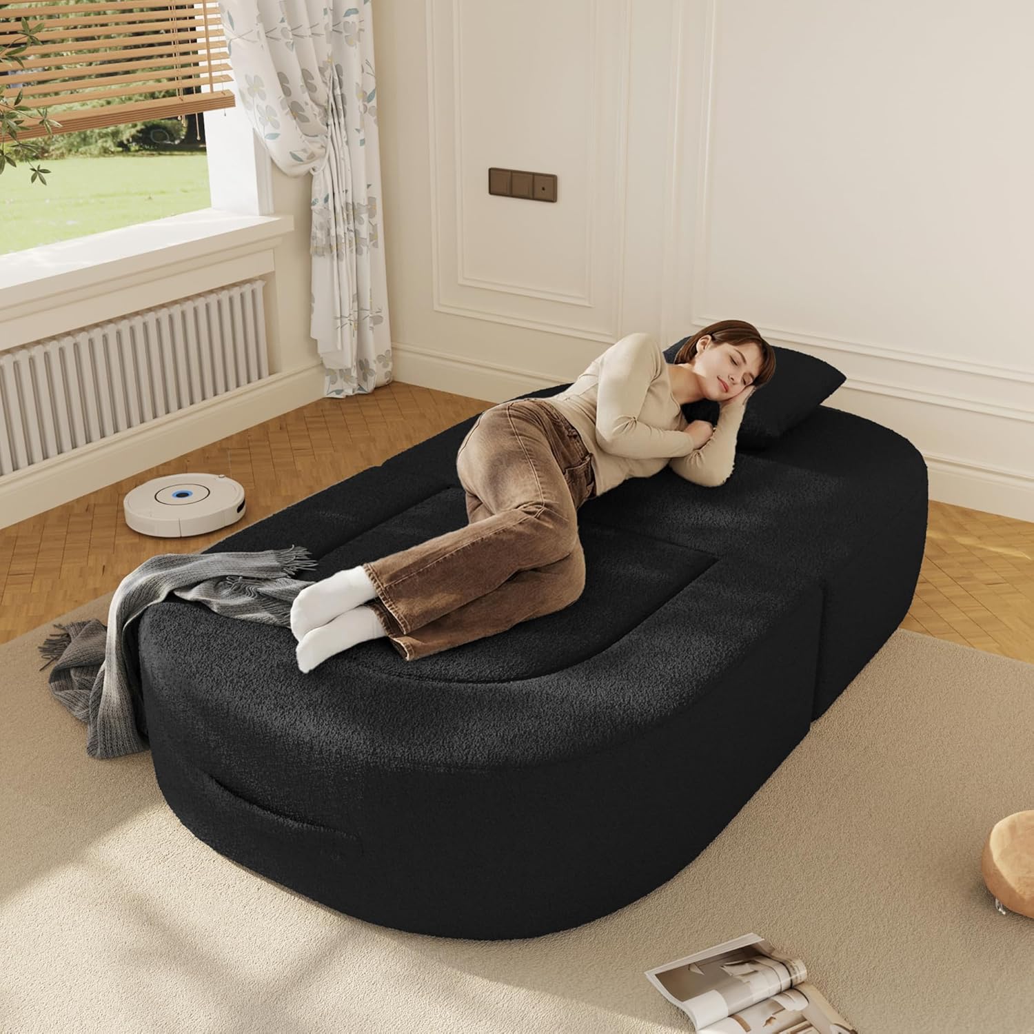 WJShome Boneless Chaise Lounge Sofa Bed Chair Indoor, 3 in 1 Convertible Lounge Chaise with No Frame, Wide Reclining Floor Lounger for Reading, Napping & Relaxation, No Assembly Required, Black