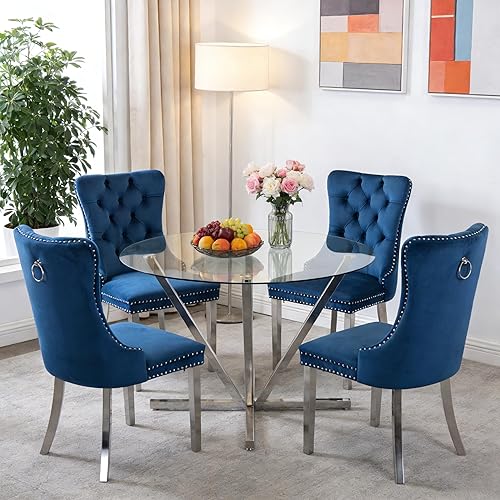 Miniatura 23 de Juego de mesa de comedor de cristal negro de lujo moderno de 45 pulgadas para 6, 7 piezas redondas de vidrio templado para cocina y comedor con Mesa