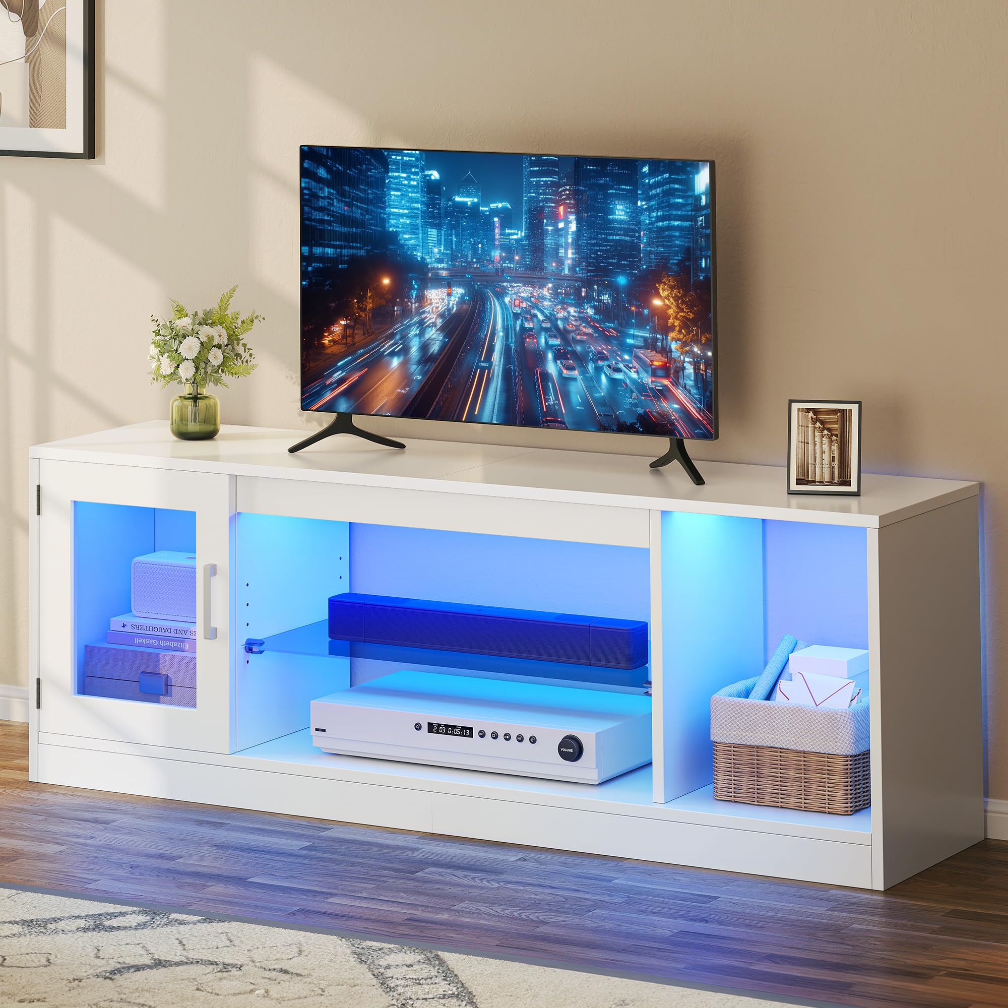 DWVO 148 cm Mueble de TV con Iluminación LED RGB 22 Modos para Televisores hasta 65 Pulgadas Mueble de Salón con Estantes de Cristal Regulables Ideal para Sala de Estar y Dormitorio