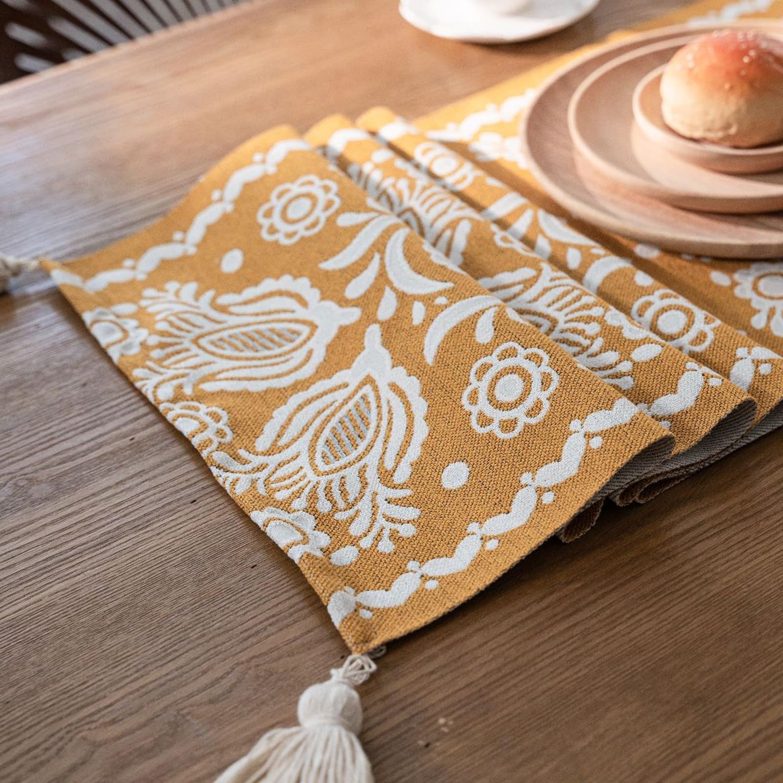 Tischläufer Polyester Wohnzimmer, Tischläufer Hochzeit 35x180 cm, Weißer Jacquard mit Blumenmuster und Quasten