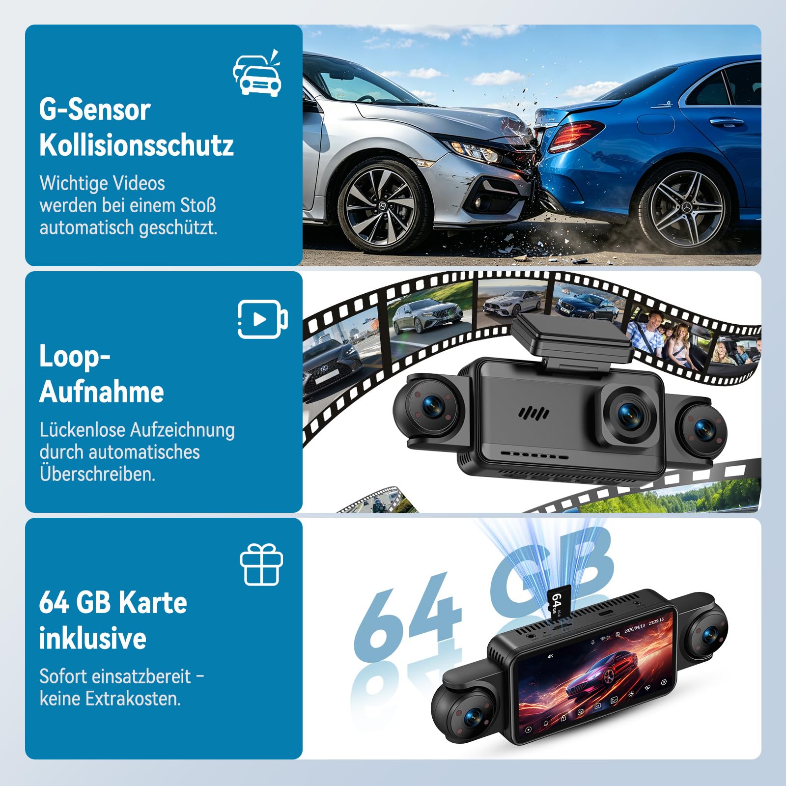 4k Dashcam Auto Vorne Hinten mit 5 Zoll Großes IPS Touch Display | 4 Kanal Dash Cam Auto Kamera 360°-Überwachung,Kostenlose 64GB-Karte,WDR-Nachtsicht,G-Sensor,24/7 Parkmodus,Loop-Aufnahme,App
