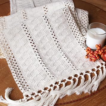 FEXIA Summer Table Runner with Tassels Boho 72 Inches Long Cream Burlap Table Runner for Home Farmhouse Decor Rustic Bohemian Dining Bedroom Decoration Baby Bridal Shower12x72 Inches